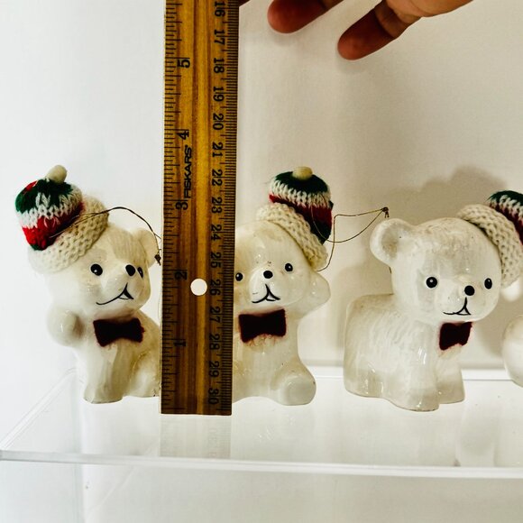 Vtg Snow Bear Ornaments 4 Porcelain Bears Knit Hats Bows Christmas Around the - Picture 14 of 16